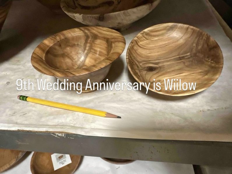 A friend drove around for 4 months with a small log of willow for me. I turned 2 small little bowls for a 9th anniversary gift. The recipient loved them!